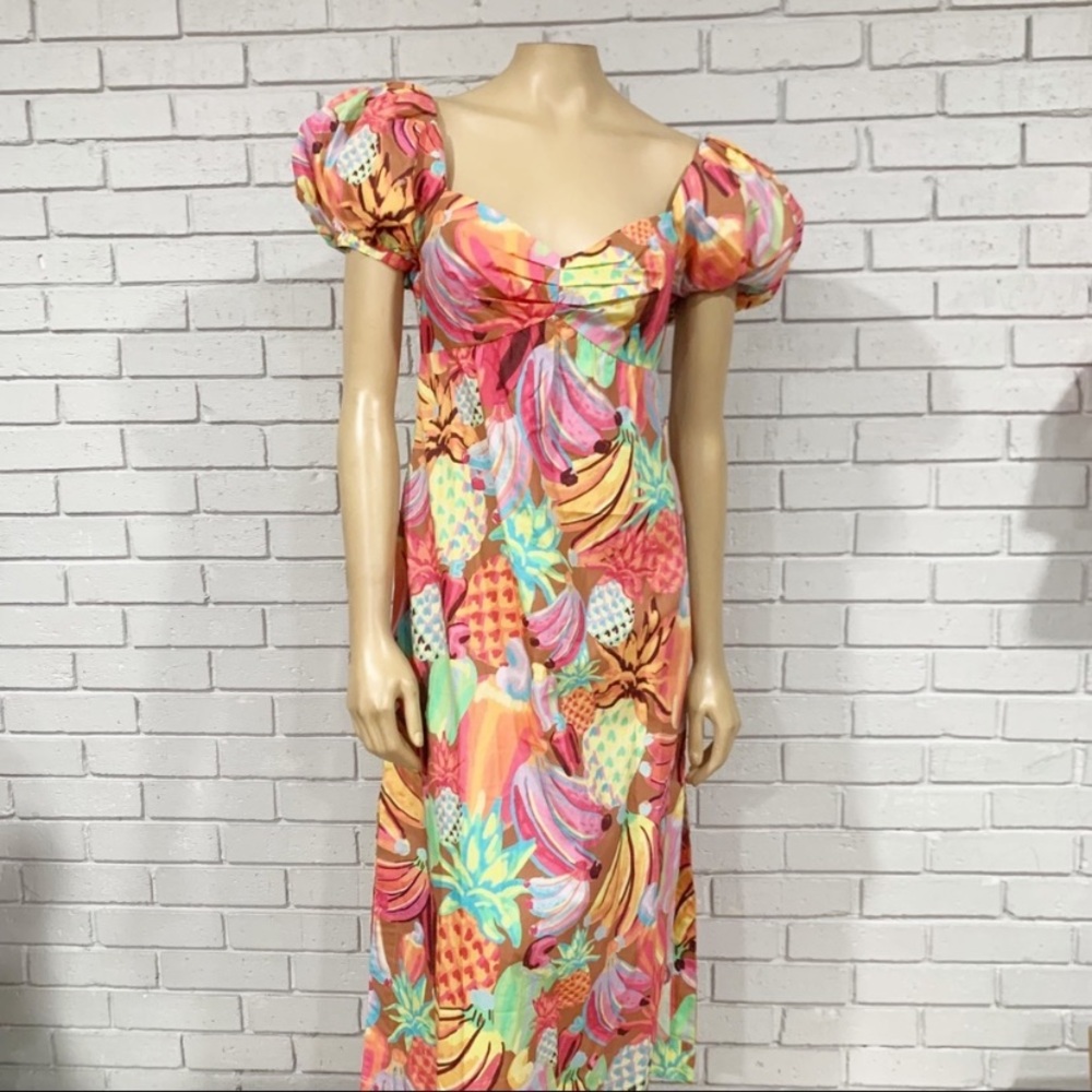 Farm Rio puff sleeve fruit salad print maxi dress